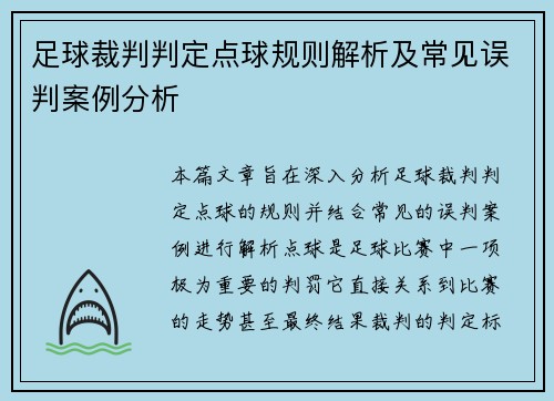 足球裁判判定点球规则解析及常见误判案例分析