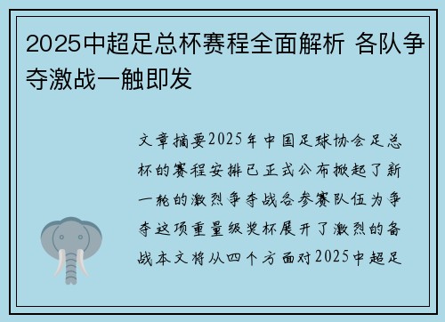 2025中超足总杯赛程全面解析 各队争夺激战一触即发