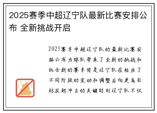 2025赛季中超辽宁队最新比赛安排公布 全新挑战开启