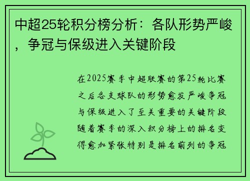 中超25轮积分榜分析：各队形势严峻，争冠与保级进入关键阶段