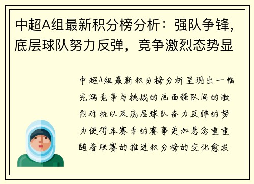 中超A组最新积分榜分析：强队争锋，底层球队努力反弹，竞争激烈态势显现