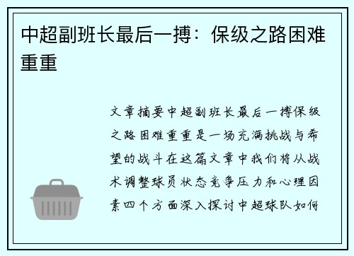 中超副班长最后一搏：保级之路困难重重