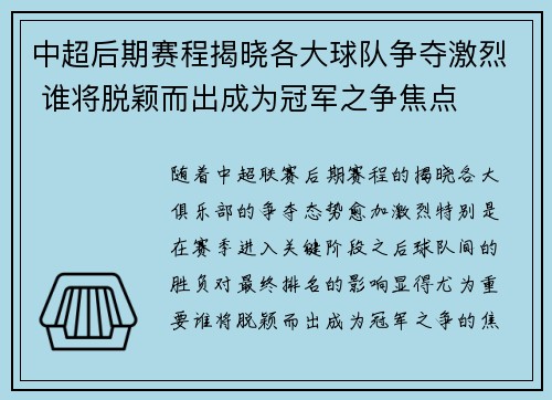 中超后期赛程揭晓各大球队争夺激烈 谁将脱颖而出成为冠军之争焦点