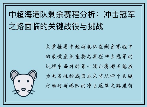 中超海港队剩余赛程分析：冲击冠军之路面临的关键战役与挑战